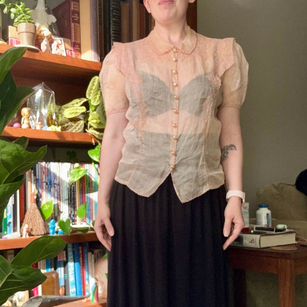 Vintage 60s sheer blouse orange pink Peter Pan collar - Picture 5 of 17